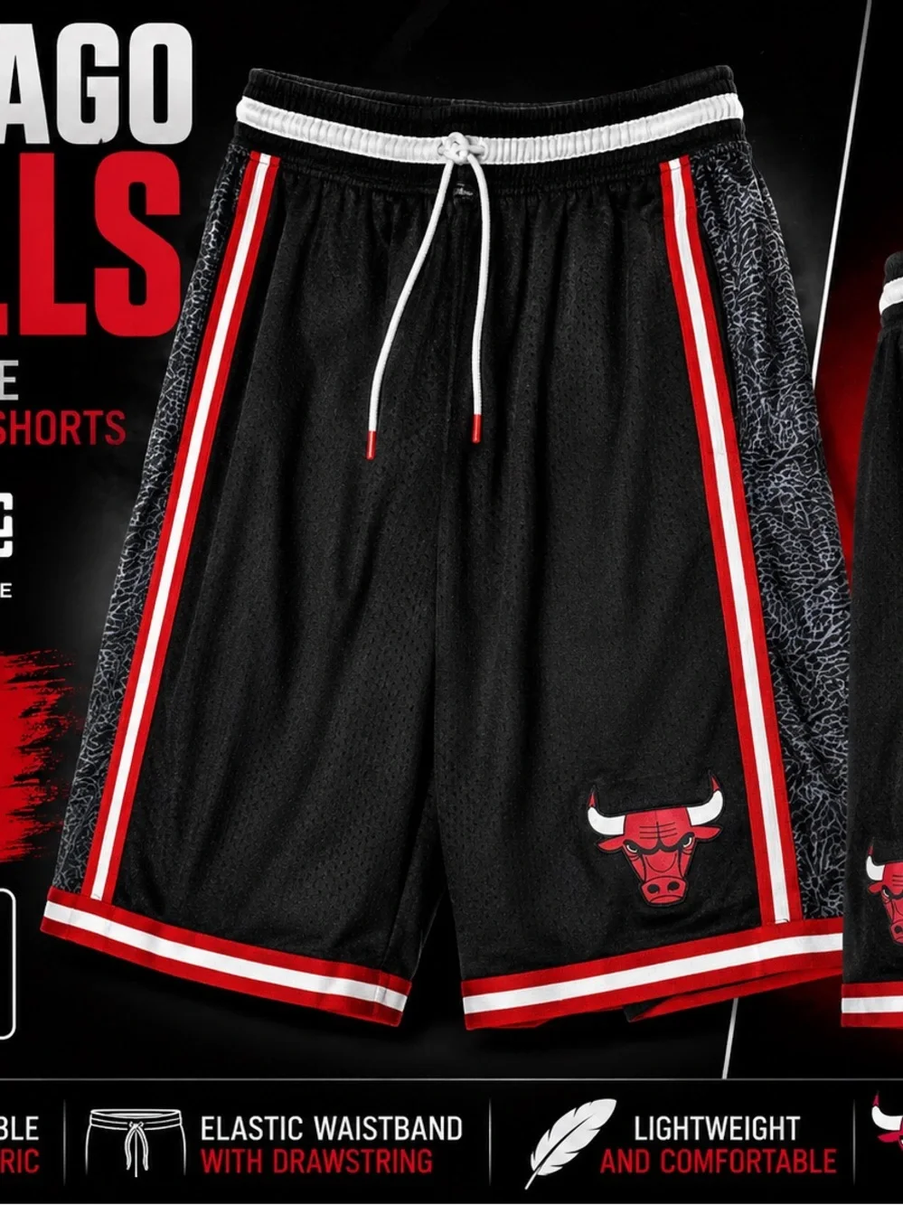 NBA Black, Red & White Chicago Bulls Basketball Shorts